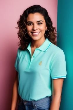 a woman in a turquoise polo shirt standing against a pink wall