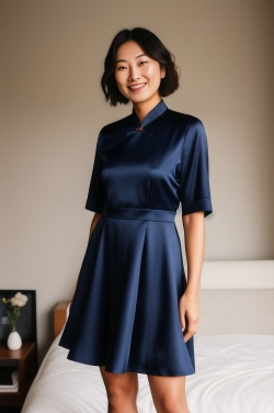 an asian woman in a blue dress standing on a bed