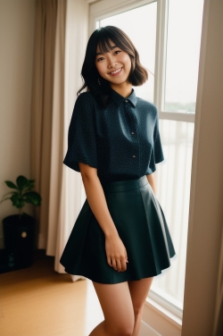an asian woman in a skirt and blouse posing for the camera