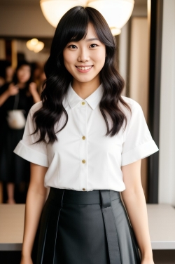 an asian woman wearing a white shirt and black skirt