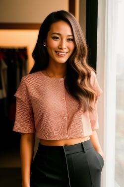 an asian woman wearing a pink top and black pants