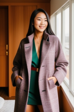 an asian woman wearing a purple coat and green dress