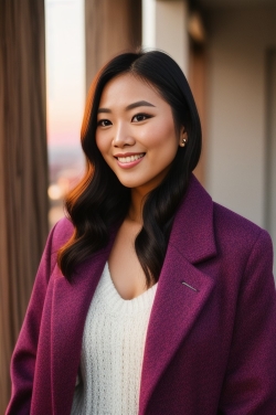 an asian woman in a purple coat and white sweater