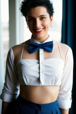 a woman wearing a white shirt and blue bow tie