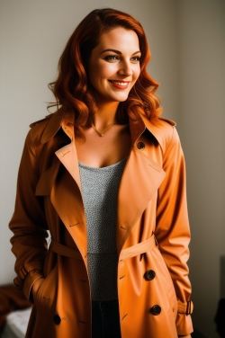 a beautiful red haired woman in an orange trench coat