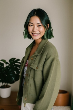 an asian woman with green hair wearing an olive green jacket
