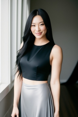 an asian woman in a black crop top and silver skirt