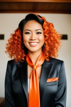 an asian woman with orange hair wearing a black suit and orange tie