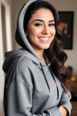 a woman wearing a grey hoodie and smiling