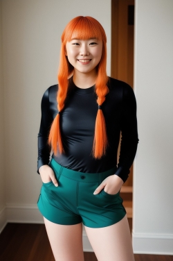 a young woman with orange hair posing for the camera