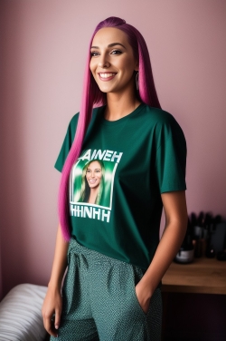 a woman with pink hair wearing a green t - shirt with her face on it