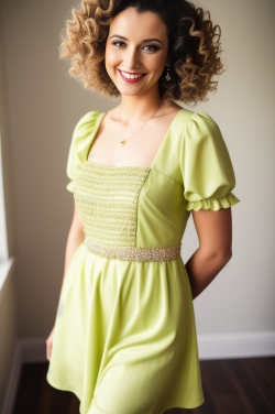 a woman with curly hair wearing a lime green dress